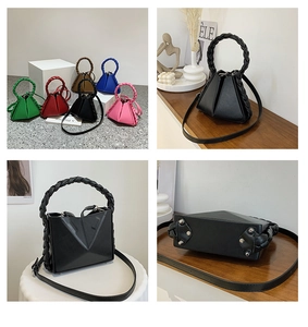 Detail of geometric folding handbags with woven handles and protective metal feet