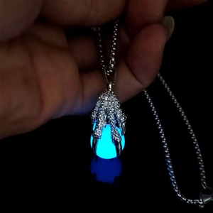 Men's stainless steel necklace with glowing blue dragon claw pendant on black background