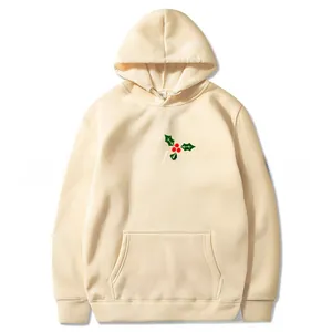 Detail of Christmas hoodie with Merry Christmas print and festive holly leaves design
