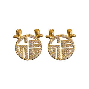 Zircon inlaid Fu character deer antler stud earrings with gold plating and Chinese style