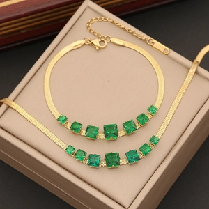 Emerald Green Square Gemstone Necklace Stainless Steel Gold Plated Snake Chain Elegant Jewelry For Women