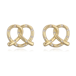 Golden pretzel stud earrings with white zircons for a minimalist luxury look
