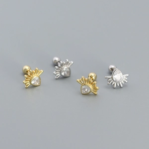 925 Sterling Silver Teardrop Zircon Stud Earrings Screw Back Cartilage Piercing Jewelry For Women Sunburst Design