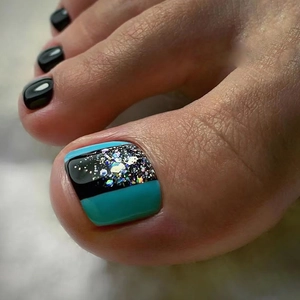 Sparkly Lake Blue And Black Fake Toenails Press On Toe Nails Full Cover Shiny Glitter Artificial Nails For Women