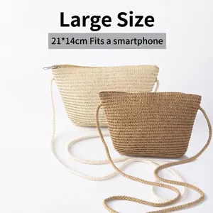 Straw woven crossbody bag for girls, fits phone, available in cream and dark brown colors