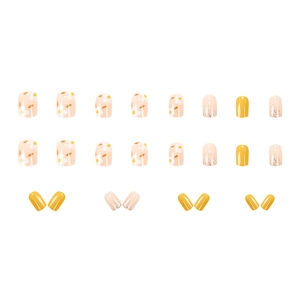 Short round yellow floral press-on nails with glitter accents and 24 pieces set