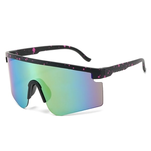 Sport cycling sunglasses with pink splatter matte black frame and colorful mirrored lenses