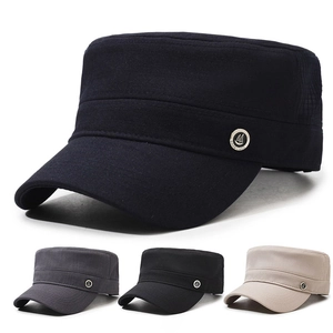 Men Military Cap Breathable Mesh Flat Top Sun Hat Adjustable Casual Cadet Cap With Metal Badge