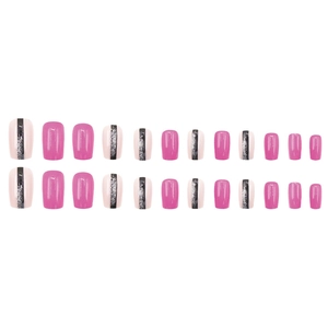Magenta press-on nails set with black vertical stripes and silver glitter details