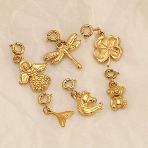 Set of 6 gold 18K plated stainless steel charms including angel, dragonfly and bear shapes