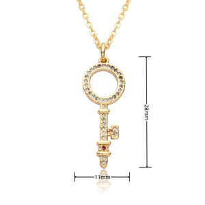 Detailed view of gold heart key pendant with crystals and dimensions of 28mm by 11mm