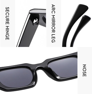 Detail view of square sunglasses with secure metal hinges and ergonomic temple design