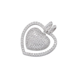 Detailed close-up of a silver heart pendant featuring micro-pave cubic zirconia settings