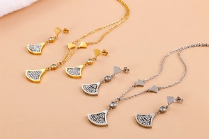 Detailed shot of fan-shaped rhinestone necklace and earrings in gold and silver finish