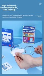 Detail showing hand cleaning silver-frame glasses with an anti-fog moist lens wipe