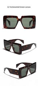 Detailed views of tortoise shell square sunglasses with dark green lenses from three angles