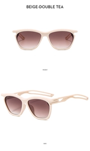 Detail of beige square kids sunglasses showing front and side views with tea gradient lenses
