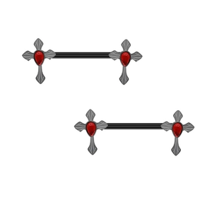 Gothic nipple ring pair with silver crosses and red gemstones on black barbells