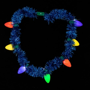 Detail of blue heart ribbon garland with glowing red, yellow, and green LED bulbs