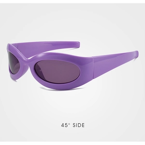 Detail view of purple oval polarized sunglasses with broad temples at a 45-degree angle