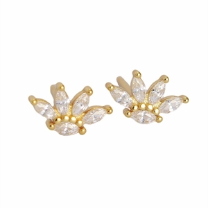 Elegant gold crown leaf stud earrings with marquise zircon stones on white background