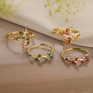 Branch Leaf Open Adjustable Ring Copper Gold Plated Marquise Zircon Minimalist Elegant Jewelry For Women