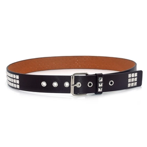 Macro view of black leather belt with double-row square metal pyramid studs and pin buckle