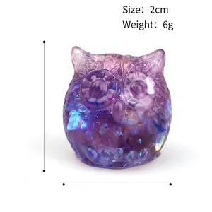 Cute purple resin owl figurine with natural crystal stone and glitter, 2cm size