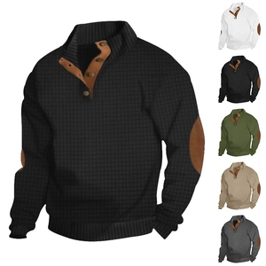 Detail of waffle knit fabric and elbow patch on men's stand collar sweater
