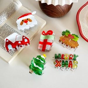 Christmas Hair Claw Clips Acrylic Glitter Santa Claus Tree Bell Gift Box Festive Hair Accessories Shark Clip Women