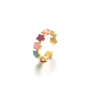 Adjustable gold stainless steel ring with colorful enamel flower smiley face patterns