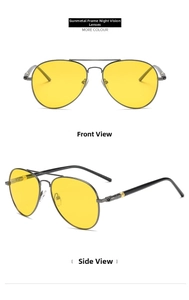 Close-up of gunmetal aviator frame with yellow polarized night vision lenses from two angles