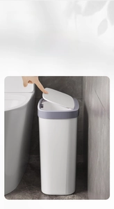 Modern white slim trash can with one-press pop-up lid for bathroom and kitchen use