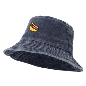 Vintage navy blue washed cotton bucket hat with yellow hot dog embroidery and metal eyelets