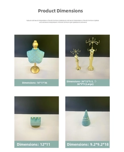 Detailed dimension chart for gold jewelry stands and teal velvet display mannequins