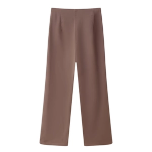 Flat lay of brown high-waisted straight-leg trousers with clean tailoring and drape