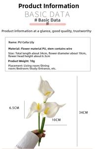 Detail view of 34cm white PU calla lily with yellow spadix and dimensions for home decor