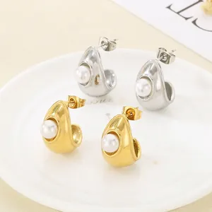 Stainless Steel Artificial Pearl Stud Earrings Minimalist Geometric C-Shaped Jewelry For Women High Polish