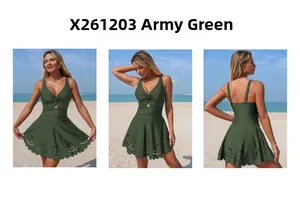 Detail of army green one-piece swimsuit featuring laser-cut hollow lace and V-neck