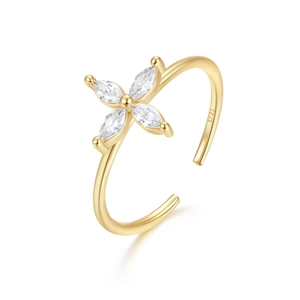 Elegant S925 sterling silver gold plated open ring with marquise zircon flower design