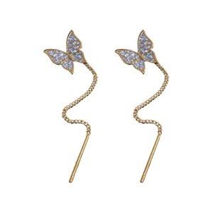 Elegant long chain butterfly earrings in gold finish with sparkling cubic zirconia