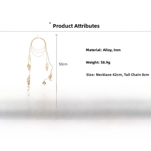 Detail of layered gold leaf tassel necklace with alloy material and dimension specs