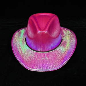 Top view of metallic rose pink holographic cowboy hat with black decorative trim