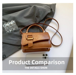 Detail of a brown leather handbag with a decorative square buckle and golden hardware