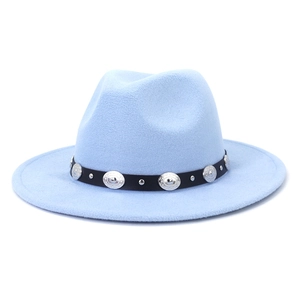 Detailed close-up of light blue fedora hat featuring black leather band and silver studs