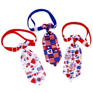 Detailed view of three Fourth of July pet ties with adjustable buckles and flag patterns