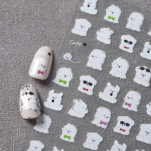 5D cartoon dog nail decals with white hand-drawn puppies on transparent adhesive stickers