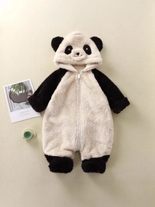 Infant panda plush hooded romper with soft fleece fabric for warm winter home wear