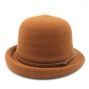 Chapeau Cloche Tricoté Rétro Pour Femmes Élégant Automne Hiver Chaud Large Bord Avec Décoration De Boucle En Cuir
