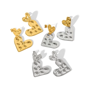 Textured double heart drop earrings in gold, silver, and mixed finishes for women